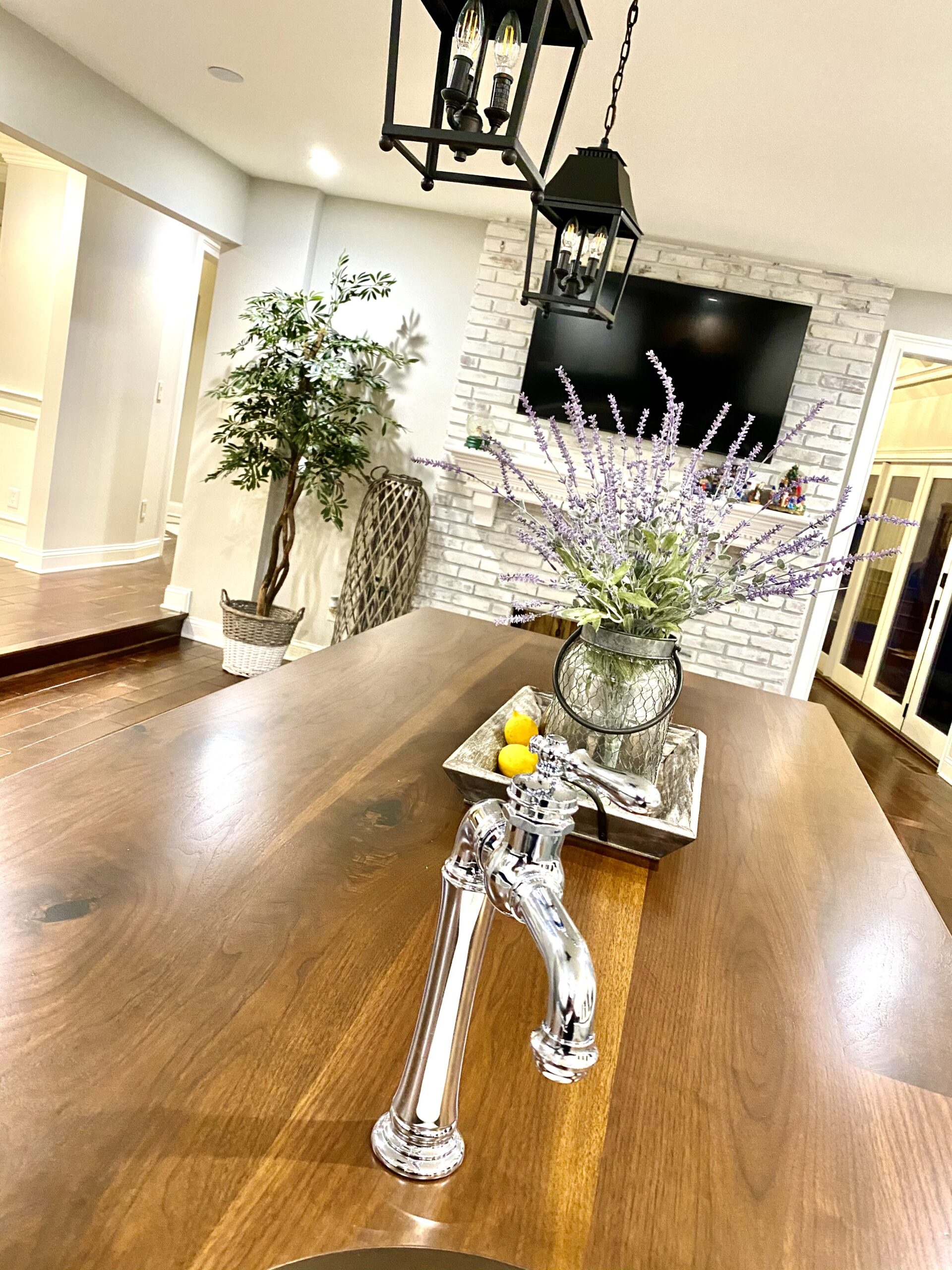 View of tv from kitchen island